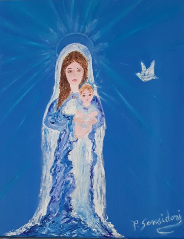 "La vierge à l'enfant" başlıklı Tablo Patricia Sensidoni tarafından, Orijinal sanat, Petrol Ahşap Sedye çerçevesi üzerine mo…