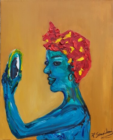 Painting titled "Femme  au miroir" by Patricia Sensidoni, Original Artwork, Oil Mounted on Wood Stretcher frame