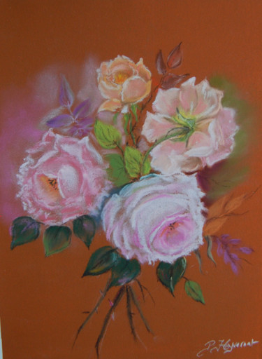 Zeichnungen mit dem Titel "Roses anglaises - p…" von Patricia Hyvernat, Original-Kunstwerk, Pastell