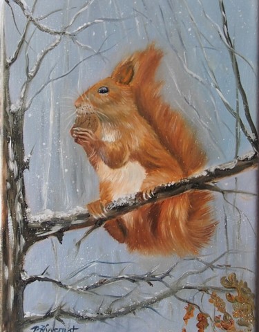 Schilderij getiteld "écureuil roux en hi…" door Patricia Hyvernat, Origineel Kunstwerk, Olie