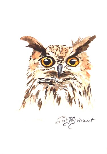 Painting titled "hibou grand duc II…" by Patricia Hyvernat, Original Artwork, Watercolor