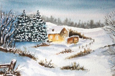 Картина под названием "nuit d'hiver - aqua…" - Patricia Hyvernat, Подлинное произведение искусства, Акварель