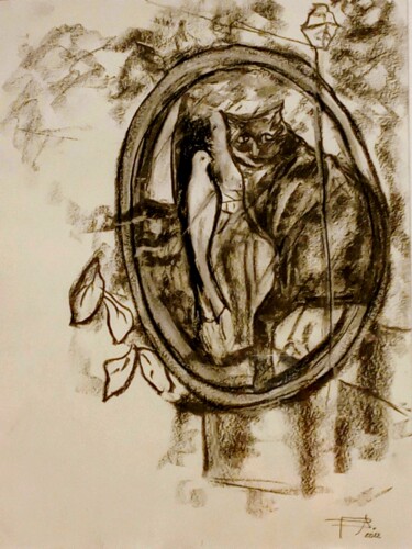 Zeichnungen mit dem Titel "Le chat à la colombe" von Patricia Segond, Original-Kunstwerk, Kohle