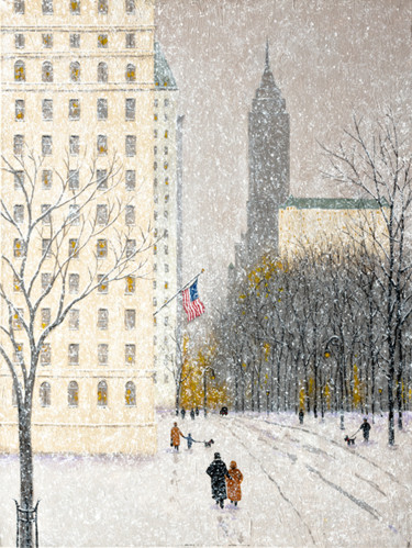 Printmaking titled "5th Avenue Winter" by Patrick Antonelle, Original Artwork, Oil Mounted on Wood Stretcher frame