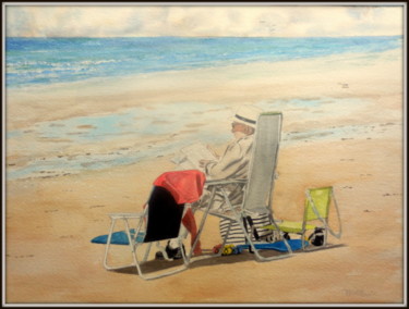 Malerei mit dem Titel "Lecteur sur la plage" von Patrick Bigeon, Original-Kunstwerk, Aquarell
