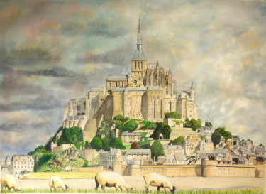 Painting titled "Le Mont Saint Michel" by Patrick Bigeon, Original Artwork, Watercolor Mounted on Wood Panel