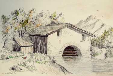 Drawing titled "Moulin  à eau en mo…" by Patrick Bigeon, Original Artwork, Ink