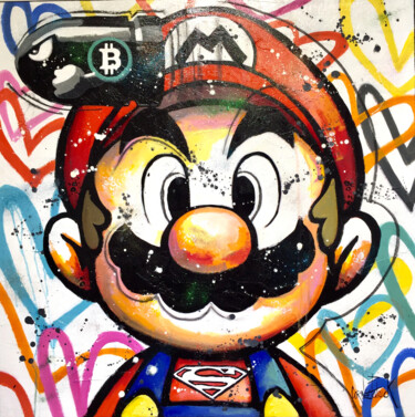제목이 "Mario loves Bitcoins"인 미술작품 Patrick Cornee로, 원작, 기름 나무 들것 프레임에 장착됨