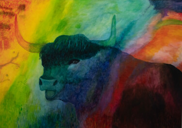 Malarstwo zatytułowany „Light and Bull” autorstwa Patrick Kessler, Oryginalna praca, Akryl Zamontowany na Drewniana rama nos…