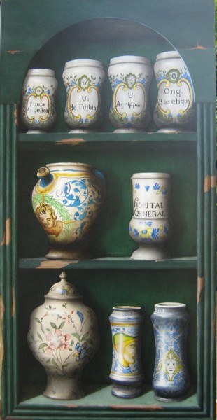 Pintura titulada "etagere-de-pots-a-p…" por Patrick Lodwitz, Obra de arte original, Oleo