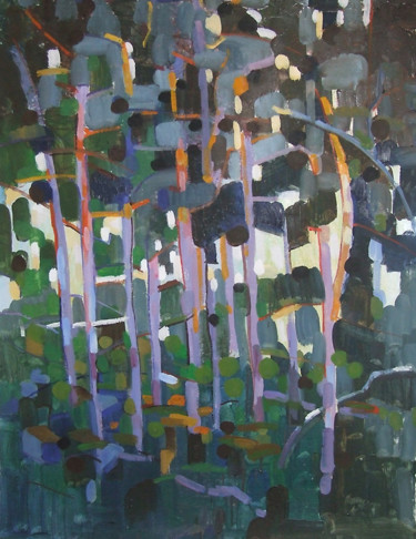 Painting titled "Sous-bois" by Patrick Marie, Original Artwork, Oil Mounted on Wood Stretcher frame