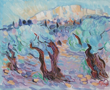 제목이 "Les oliviers aux Ba…"인 미술작품 Patrick Marie로, 원작, 기름 나무 들것 프레임에 장착됨
