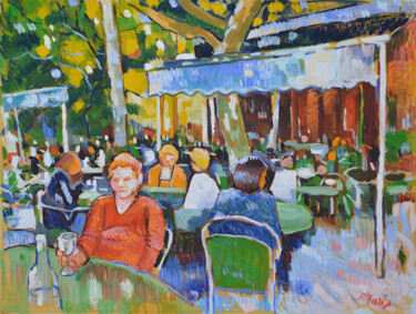 Painting titled "le bistrot" by Patrick Marie, Original Artwork, Oil Mounted on Wood Stretcher frame