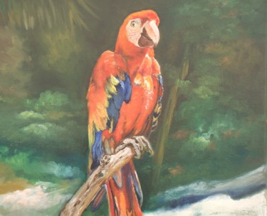 Peinture intitulée "Perroquet à la Palm…" par Patrick Nevoso, Œuvre d'art originale, Huile