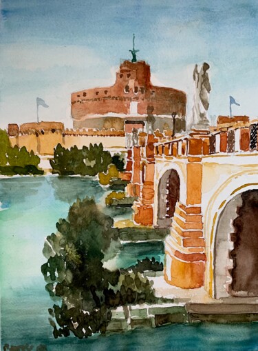 Schilderij getiteld "Castel Sant’Angelo…" door Patrizia Salcini, Origineel Kunstwerk, Aquarel