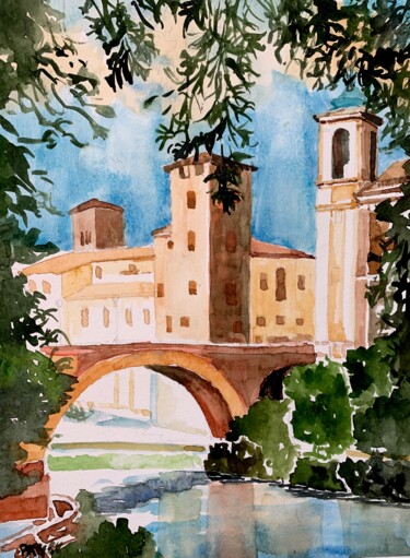Painting titled "Ponte Fabricio, Roma" by Patrizia Salcini, Original Artwork, Watercolor