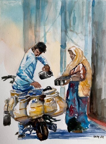 Painting titled "Il lattaio, Rajasth…" by Patrizia Salcini, Original Artwork, Watercolor