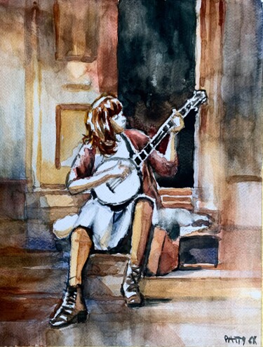 Картина под названием "La ragazza del Banjo" - Patrizia Salcini, Подлинное произведение искусства, Акварель