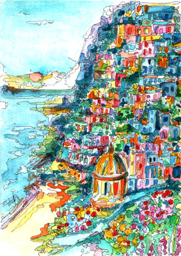 Schilderij getiteld "Amalfi" door Patrizia Gargiulo (PattyGi), Origineel Kunstwerk, Aquarel