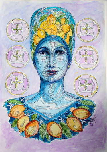 Painting titled "Donna Costiera" by Patrizia Gargiulo (PattyGi), Original Artwork, Watercolor