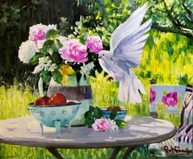 绘画 标题为“Pigeon and Rose” 由Paul Cheng, 原创艺术品, 油 安装在木质担架架上