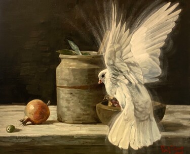 Painting titled "Pigeon and Still Li…" by Paul Cheng, Original Artwork, Oil Mounted on Wood Stretcher frame