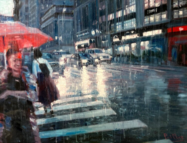 Painting titled "New Yoke Rain" by Paul Cheng, Original Artwork, Oil Mounted on Wood Stretcher frame