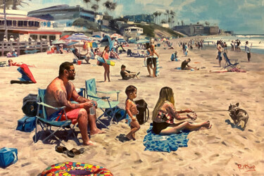 Schilderij getiteld "Beach Day" door Paul Cheng, Origineel Kunstwerk, Olie Gemonteerd op Frame voor houten brancard