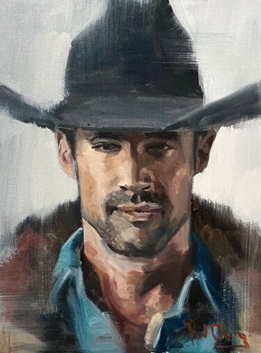 Painting titled "Cowboy No.55" by Paul Cheng, Original Artwork, Oil Mounted on Cardboard