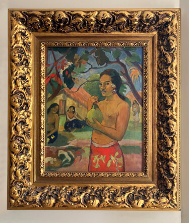 Pintura intitulada "Woman holding a fru…" por Paul Gauguin, Obras de arte originais, Óleo Montado em Armação em madeira