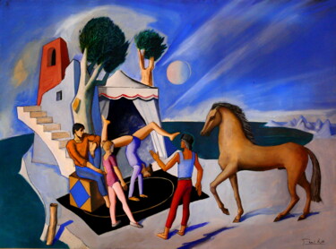 Peinture intitulée "Acrobates en Paysag…" par Paul Rossi, Œuvre d'art originale, Gouache