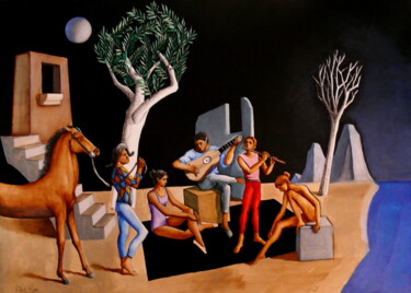 Peinture intitulée "Musiciens en paysag…" par Paul Rossi, Œuvre d'art originale, Gouache