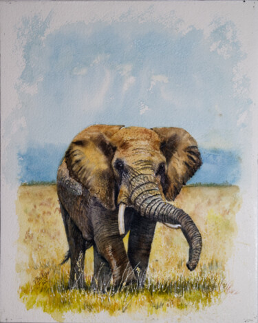 Malarstwo zatytułowany „Elephant on the Gol…” autorstwa Paula Bridges, Oryginalna praca, Akwarela Zamontowany na Inny sztywn…