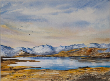 Painting titled "Blue Mountain Lake…" by Paula Bridges, Original Artwork, Watercolor Mounted on Other rigid panel