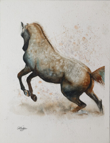 Pintura intitulada "Dappled Gray Horse…" por Paula Bridges, Obras de arte originais, Aquarela Montado em Outro painel rígido