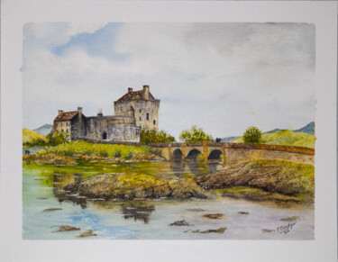Pintura intitulada "Eilean Donan Castle…" por Paula Bridges, Obras de arte originais, Aquarela Montado em Outro painel rígido