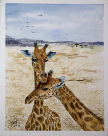 Painting titled "Giraffe and her Bab…" by Paula Bridges, Original Artwork, Watercolor Mounted on Other rigid panel