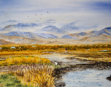 Painting titled "A River Runs Throug…" by Paula Bridges, Original Artwork, Watercolor Mounted on Other rigid panel