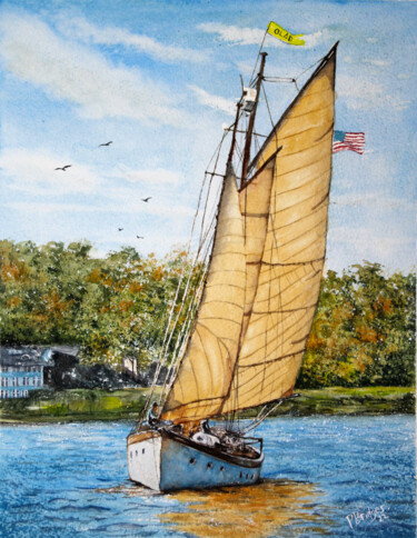 绘画 标题为“Sailboat on Blue La…” 由Paula Bridges, 原创艺术品, 水彩 安装在其他刚性面板上