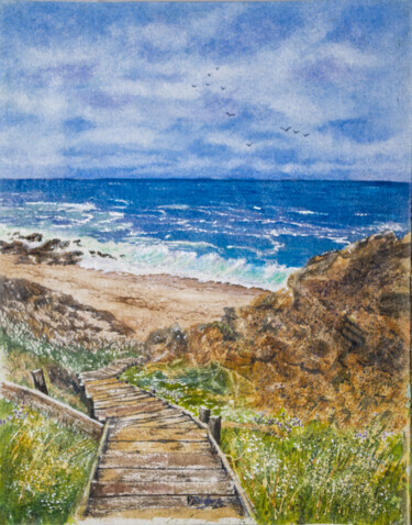 Painting titled "Steps to the Sandy…" by Paula Bridges, Original Artwork, Watercolor Mounted on Other rigid panel