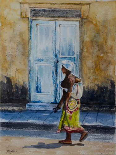 Painting titled "African Mother Walk…" by Paula Bridges, Original Artwork, Watercolor Mounted on Other rigid panel