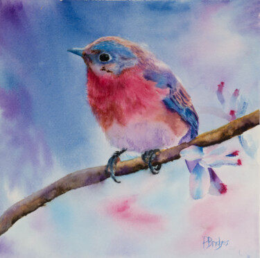 Painting titled "Bluebird on Branch…" by Paula Bridges, Original Artwork, Watercolor Mounted on Other rigid panel