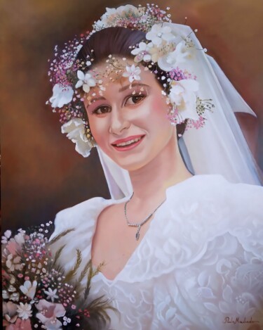 Painting titled "Retrato de Noiva" by Paula Machado, Original Artwork, Oil Mounted on Wood Stretcher frame