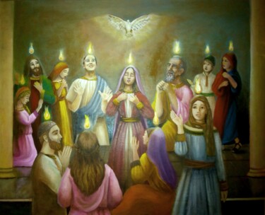 Schilderij getiteld "Pentecostes" door Paula Machado, Origineel Kunstwerk, Olie Gemonteerd op Frame voor houten brancard