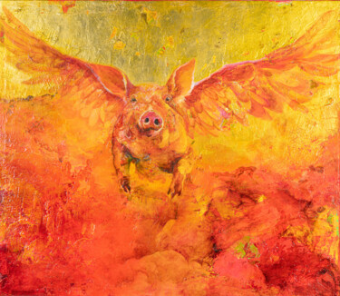Peinture intitulée "Cerdo volador al at…" par Paula Segarra, Œuvre d'art originale, Huile Monté sur Châssis en bois