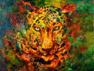 Painting titled "Leoparda hembra" by Paula Segarra, Original Artwork, Oil Mounted on Wood Stretcher frame