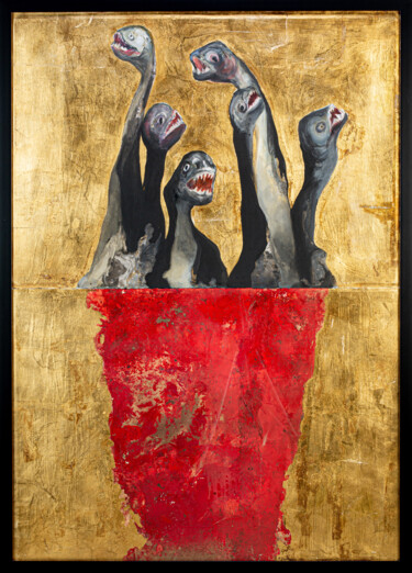 Painting titled "Pirañas y rojo sang…" by Paula Segarra, Original Artwork, Oil Mounted on Wood Panel