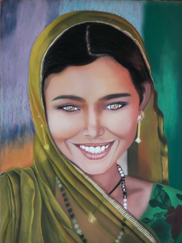 Ζωγραφική με τίτλο "Femme du Rajasthan" από Paule Benatti, Αυθεντικά έργα τέχνης, Παστέλ Τοποθετήθηκε στο Χαρτόνι