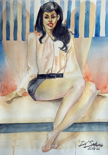 Pintura intitulada "Mulher no sofá" por Paulo Di Santoro, Obras de arte originais, Aquarela