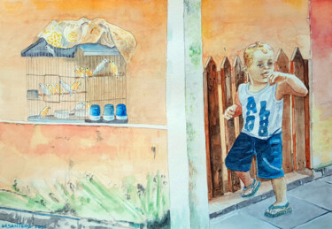 Peinture intitulée "O Menino e Os Pássa…" par Paulo Di Santoro, Œuvre d'art originale, Aquarelle